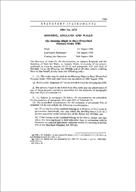 The Housing (Right to Buy) (Prescribed Persons) Order 1984