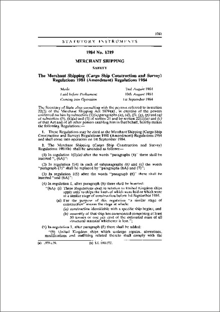 The Merchant Shipping (Cargo Ship Construction and Survey) Regulations 1981 (Amendment) Regulations 1984