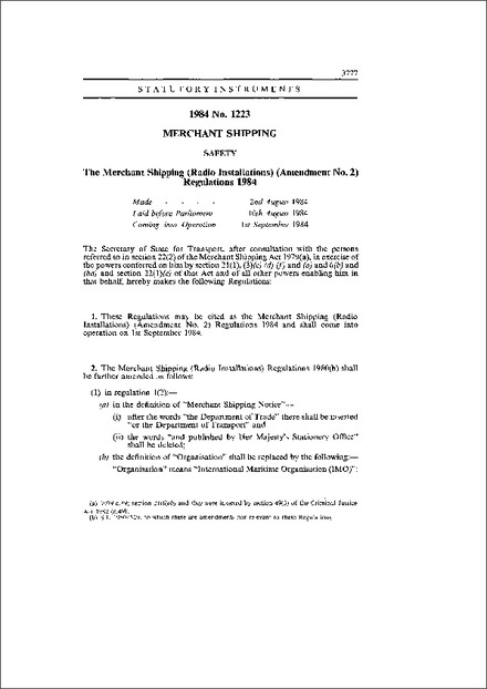 The Merchant Shipping (Radio Installations) (Amendment No. 2) Regulations 1984