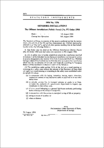 The Offshore Installations (Safety Zones) (No. 57) Order 1984