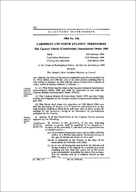 The Cayman Islands (Constitution) (Amendment) Order 1984