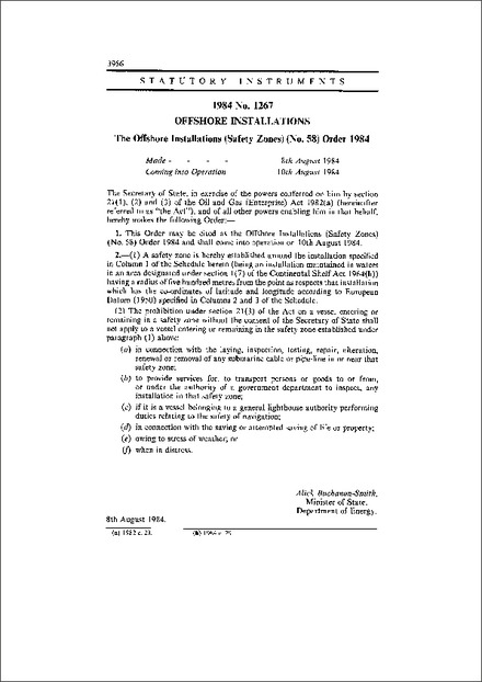 The Offshore Installations (Safety Zones) (No. 58) Order 1984