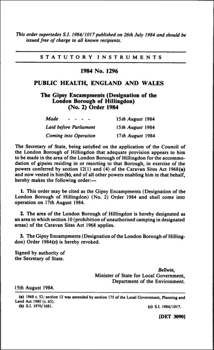 The Gipsy Encampments (Designation of the London Borough of Hillingdon) (No. 2) Order 1984