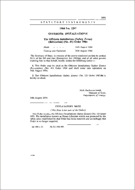 The Offshore Installations (Safety Zones) (Revocation) (No. 41) Order 1984