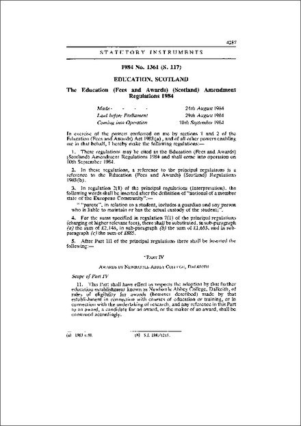 The Education (Fees and Awards) (Scotland) Amendment Regulations 1984