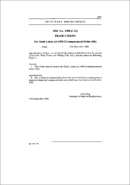 The Trade Union Act 1984 (Commencement) Order 1984