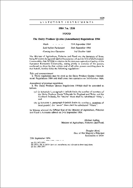 The Dairy Produce Quotas (Amendment) Regulations 1984