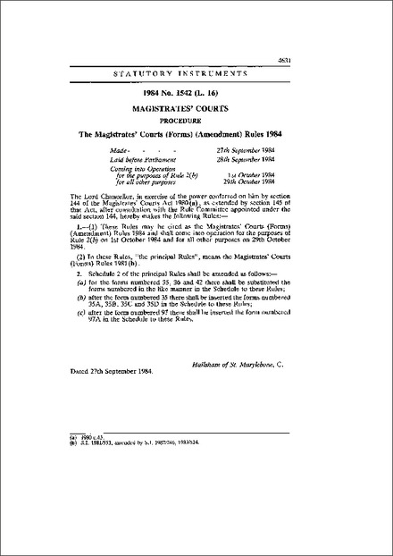 The Magistrates' Courts (Forms) (Amendment) Rules 1984