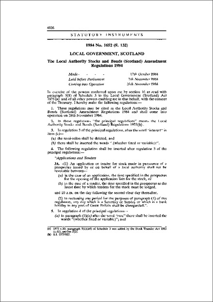 The Local Authority Stocks and Bonds (Scotland) Amendment Regulations 1984