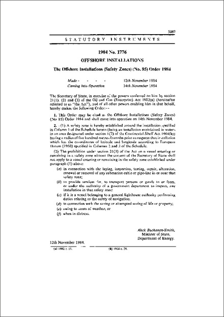 The Offshore Installations (Safety Zones) (No. 85) Order 1984