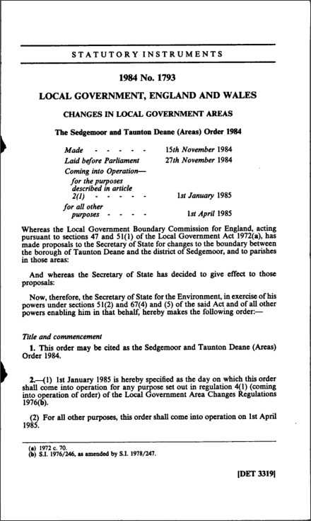 The Sedgemoor and Taunton Deane (Areas) Order 1984