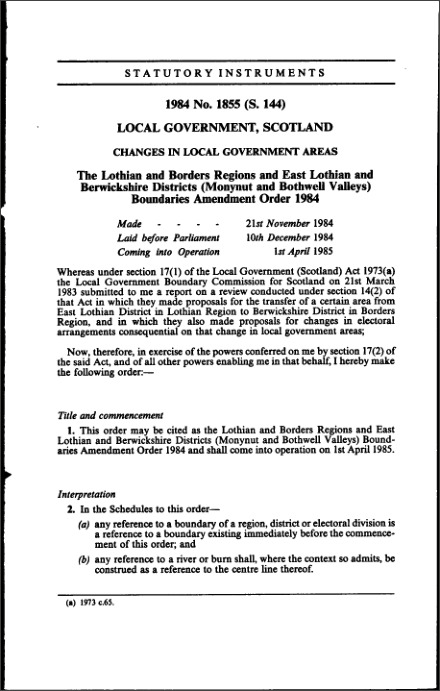 The Lothian and Borders Regions and East Lothian and Berwickshire Districts (Monynut and Bothwell Valleys) Boundaries Amendment Order 1984