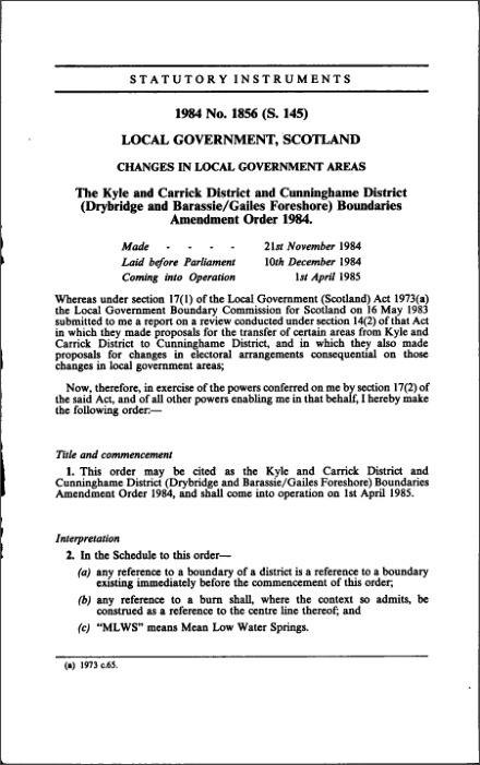 The Kyle and Carrick District and Cunninghame District (Drybridge and Barassie/Gailes Foreshore) Boundaries Amendment Order 1984