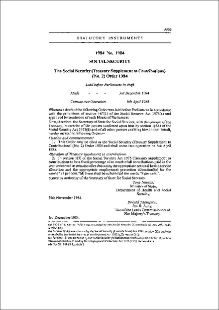 The Social Security (Treasury Supplement to Contributions) (No. 2) Order 1984
