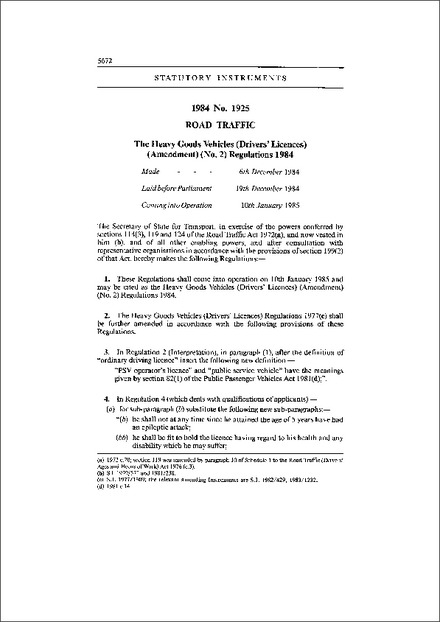 The Heavy Goods Vehicles (Drivers' Licences) (Amendment) (No. 2) Regulations 1984