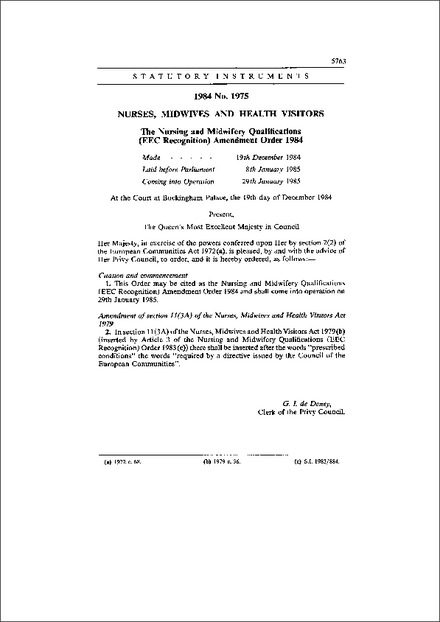 The Nursing and Midwifery Qualifications (EEC Recognition) Amendment Order 1984