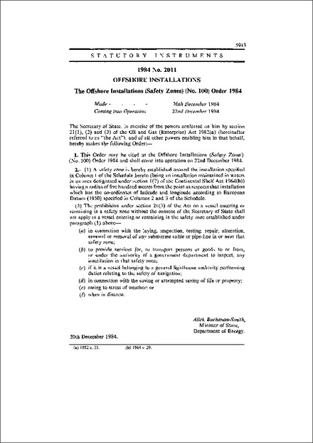 The Offshore Installations (Safety Zones) (No. 100) Order 1984