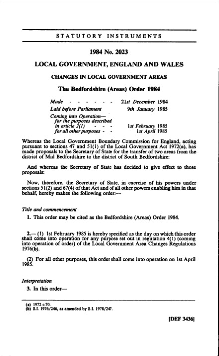 The Bedfordshire (Areas) Order 1984