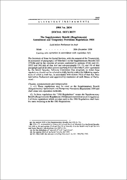 The Supplementary Benefit (Requirements) Amendment and Temporary Provisions Regulations 1984