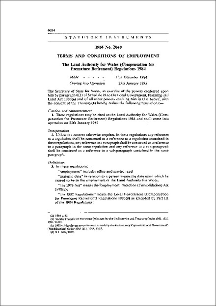 The Land Authority for Wales (Compensation for Premature Retirement) Regulations 1984