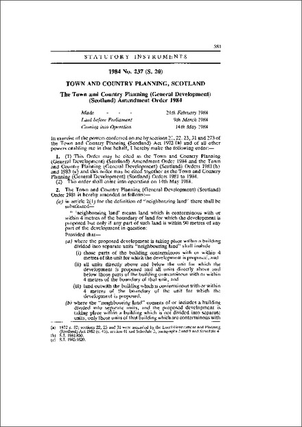The Town and Country Planning (General Development) (Scotland) Amendment Order 1984