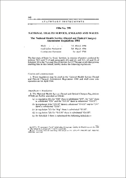 The National Health Service (Dental and Optical Charges) Amendment Regulations 1984