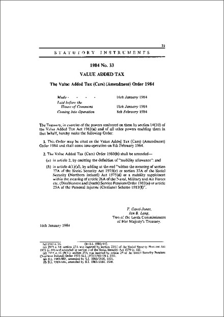 The Value Added Tax (Cars) (Amendment) Order 1984