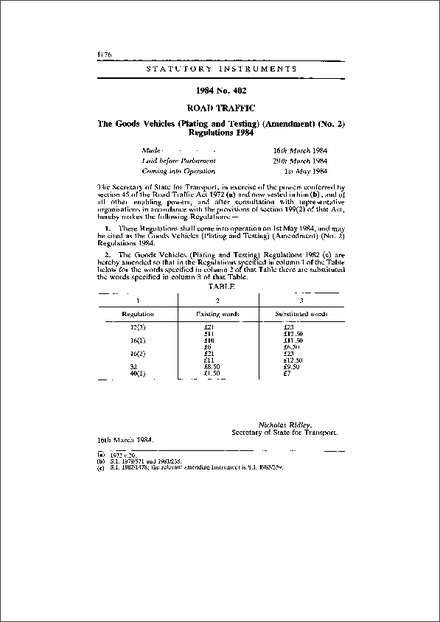 The Goods Vehicles (Plating and Testing) (Amendment) (No. 2) Regulations 1984