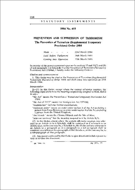The Prevention of Terrorism (Supplemental Temporary Provisions) Order 1984