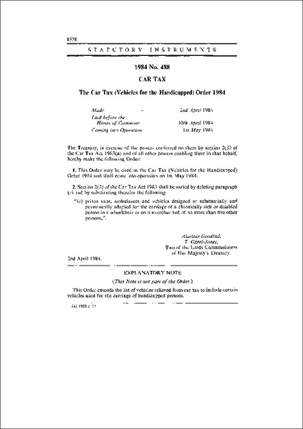 The Car Tax (Vehicles for the Handicapped) Order 1984