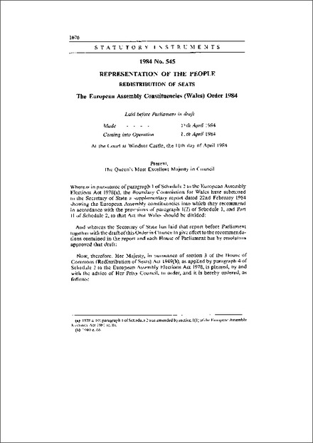 The European Assembly Constituencies (Wales) Order 1984