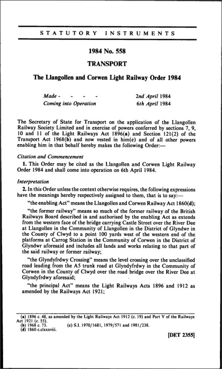The Llangollen and Corwen Light Railway Order 1984