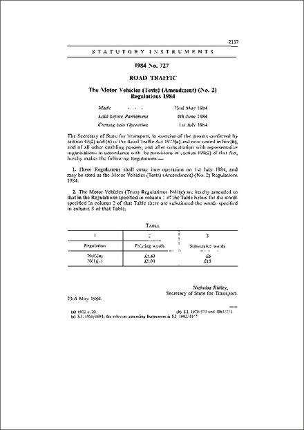 The Motor Vehicles (Tests) (Amendment) (No. 2) Regulations 1984