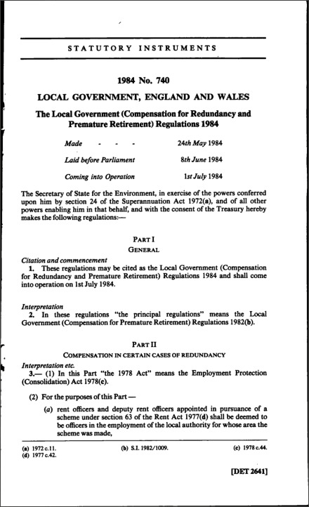 The Local Government (Compensation for Redundancy and Premature Retirement) Regulations 1984