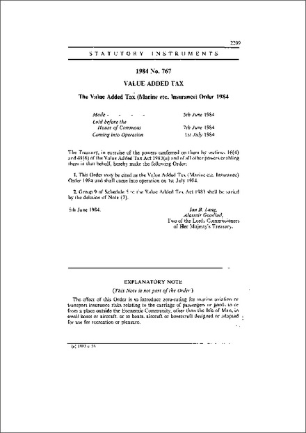 The Value Added Tax (Marine etc. Insurance) Order 1984
