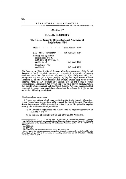 The Social Security (Contributions) Amendment Regulations 1984