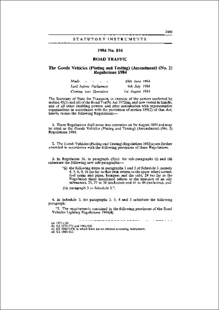 The Goods Vehicles (Plating and Testing) (Amendment) (No. 2) Regulations 1984