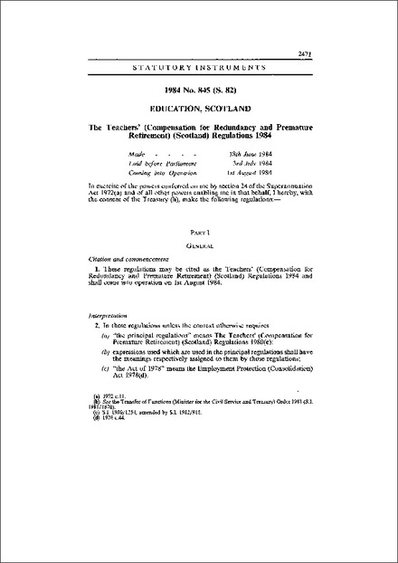 The Teachers' (Compensation for Redundancy and Premature Retirement) (Scotland) Regulations 1984