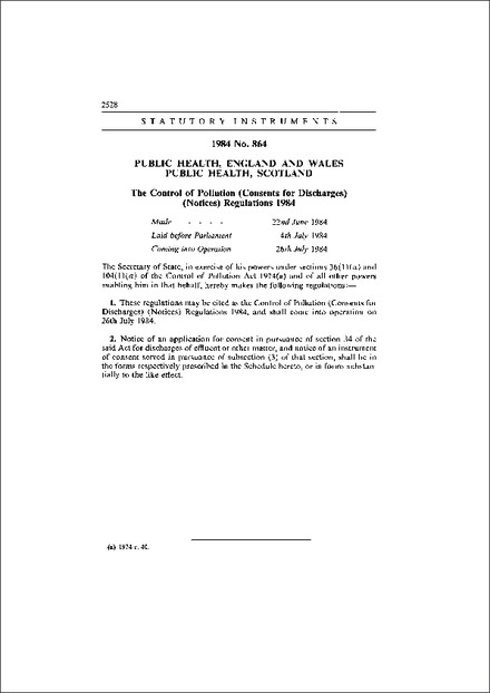 The Control of Pollution (Consents for Discharges) (Notices) Regulations 1984