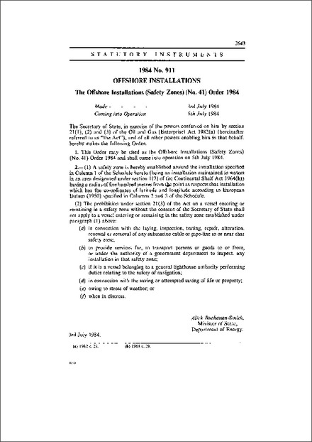 The Offshore Installations (Safety Zones) (No. 41) Order 1984