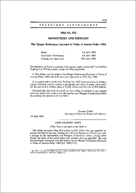 The Merger References (Increase in Value of Assets) Order 1984