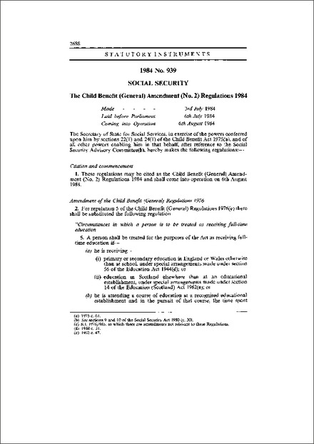 The Child Benefit (General) Amendment (No. 2) Regulations 1984