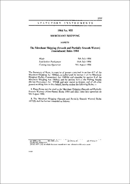 The Merchant Shipping (Smooth and Partially Smooth Waters) (Amendment) Rules 1984