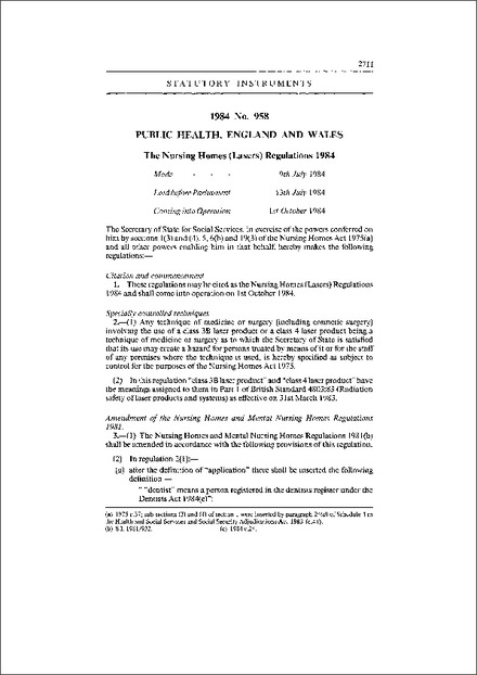 The Nursing Homes (Lasers) Regulations 1984