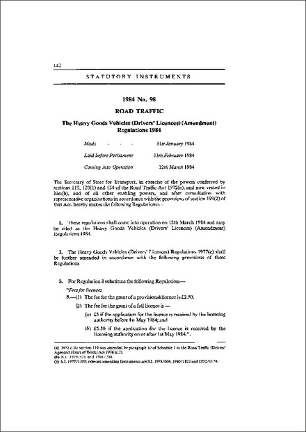 The Heavy Goods Vehicles (Drivers' Licences) (Amendment) Regulations 1984