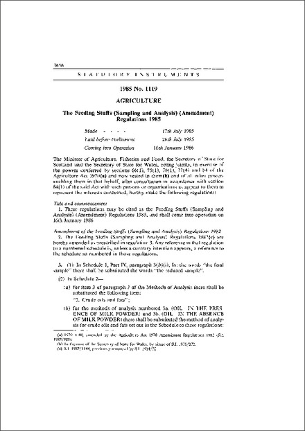 The Feeding Stuffs (Sampling and Analysis) (Amendment) Regulations 1985