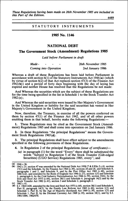 The Government Stock (Amendment) Regulations 1985
