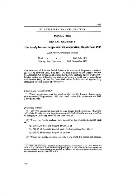 The Family Income Supplements (Computation) Regulations 1985