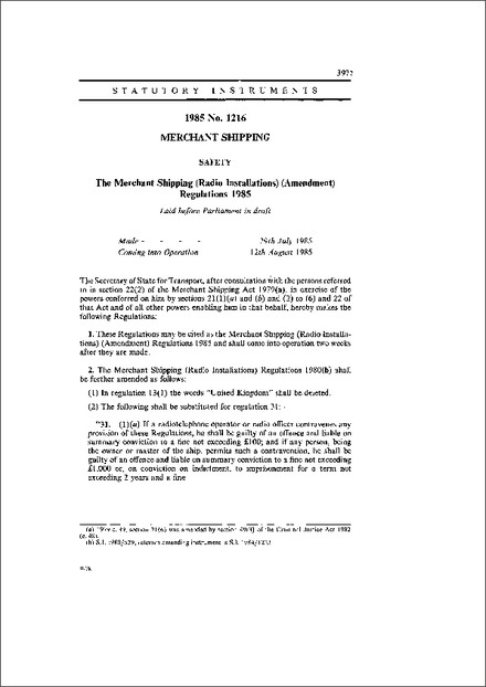 The Merchant Shipping (Radio Installations) (Amendment) Regulations 1985