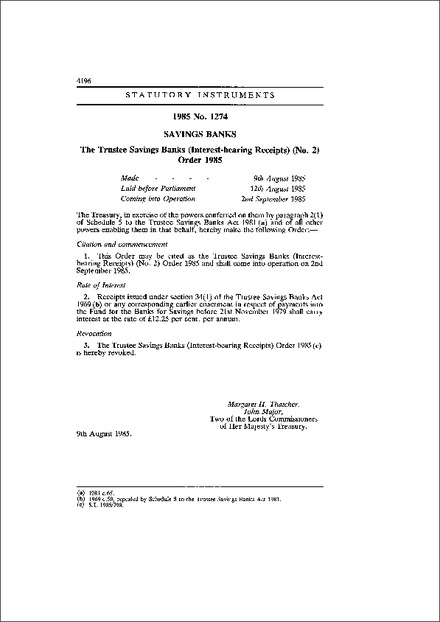 The Trustee Savings Banks (Interest-bearing Receipts) (No. 2) Order 1985